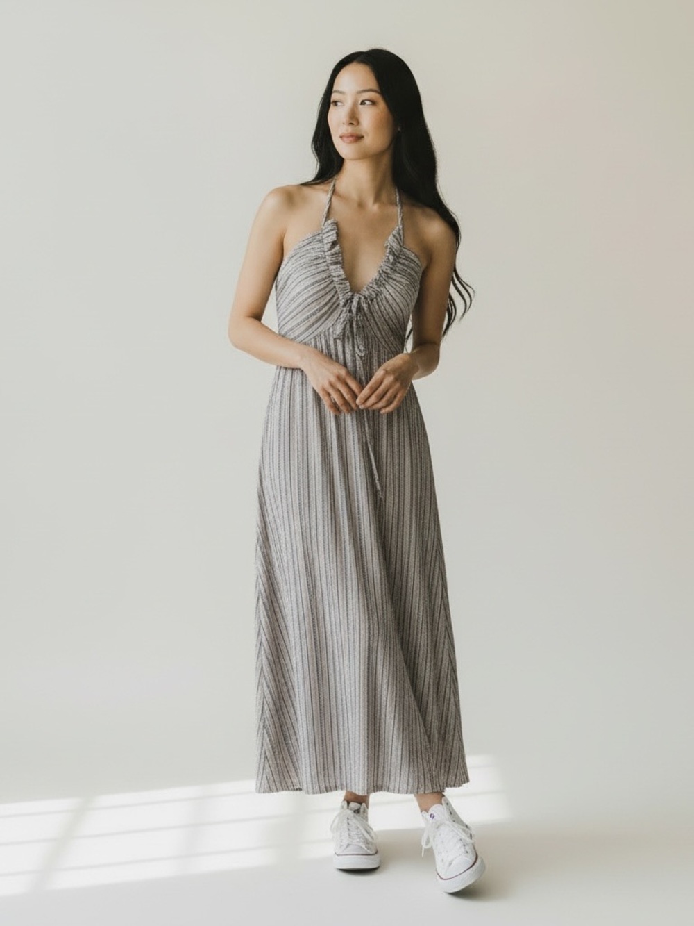 Sleeveless Striped Halter Maxi Dress - Gray
